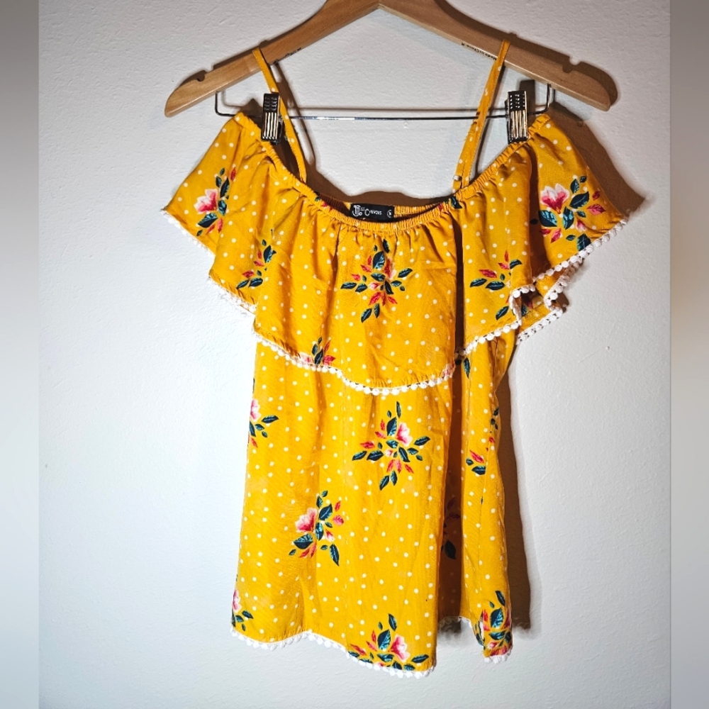 Miss Chievous Size Medium Mustard Yellow Off the Shoulder Floral Polka Dot Top